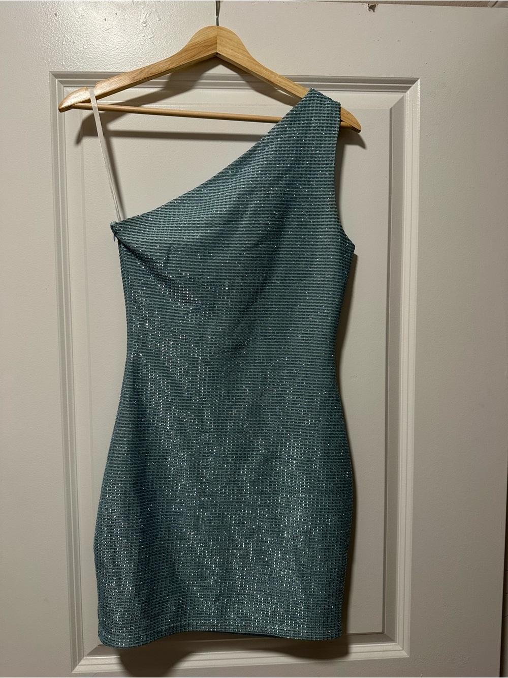 superdown One-Shoulder Sparkle Teal Mini Dress